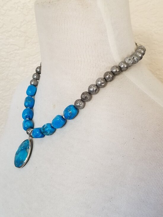 Sterling Silver Midnight Blue-Green Druzy Necklace | Sol  Southwestern Teal Blue Jasper & Silver Druzy Statement Pendant Necklace